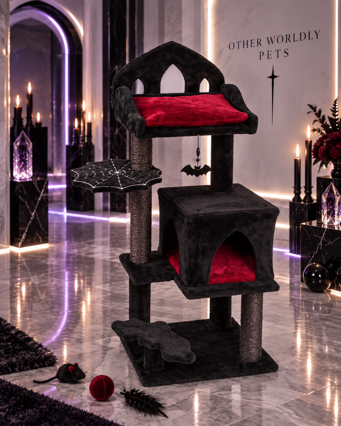 THROONI Gothic Cat Tree - 40inch Goth Cat Tree with Throne Goth Bed Spacious Condo Spooky Hanging Bat and Durable Sisal Scratching Post - Elegant Black Cat Tree for Majestic Feline Rest