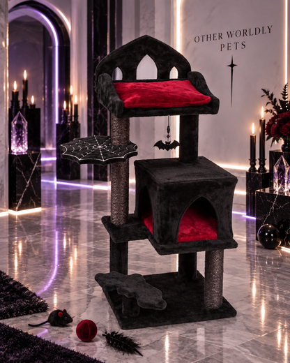 THROONI Gothic Cat Tree - 40inch Goth Cat Tree with Throne Goth Bed Spacious Condo Spooky Hanging Bat and Durable Sisal Scratching Post - Elegant Black Cat Tree for Majestic Feline Rest
