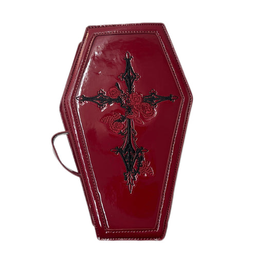 RRISETAG Goth Makeup Bag PU Leather Coffin Bag Retro Gothic Makeup Pouch Punk Handbag Red Cosmetic Bag Stylish Goth Bag for Halloween Parties and Everyday Use (Coffin bag)